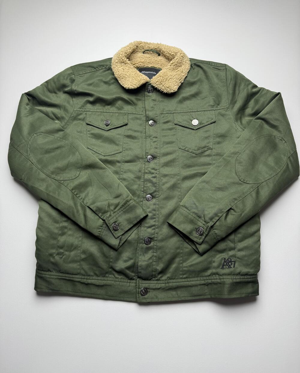 Aeropostale Jacket Mens Large Green Canvas Sherpa Collar Button Casual Y2K